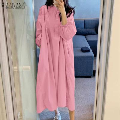 Women Casual Round Neck Loose Long Sleeve Shirt Dress