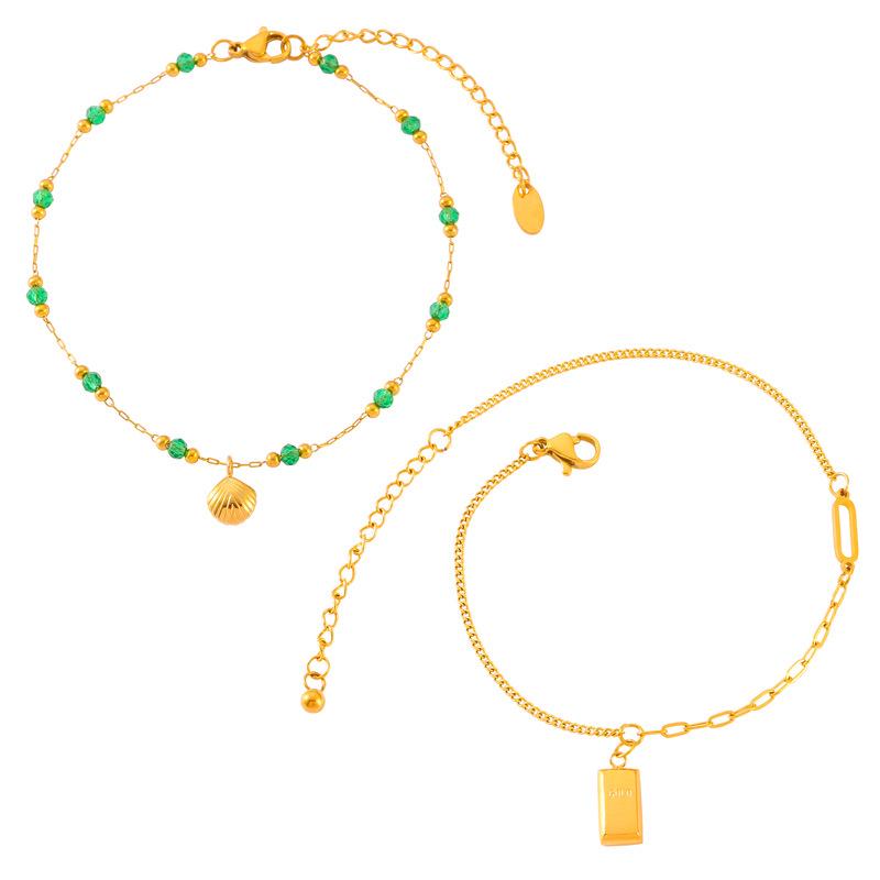 Retro French Green Beaded Gold-Plated Titanium Anklet with Shell Pendant