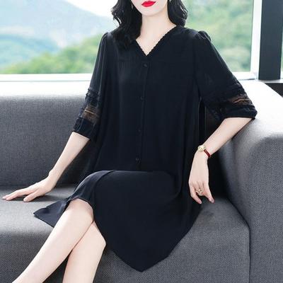 Summer Women Dress Plus Size V Neck Loose Half Sleeves Solid Color Hollow Out Lace Single-breasted Knee Length Plus Size A-line Midi Dress