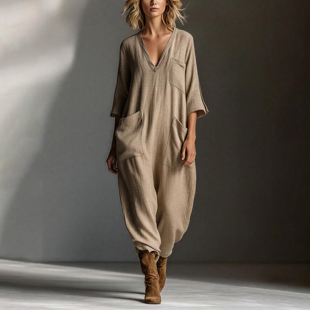 Women's Fashionable And Casual Buttoned V-neck Half Sleeve Pocket Jumpsuit