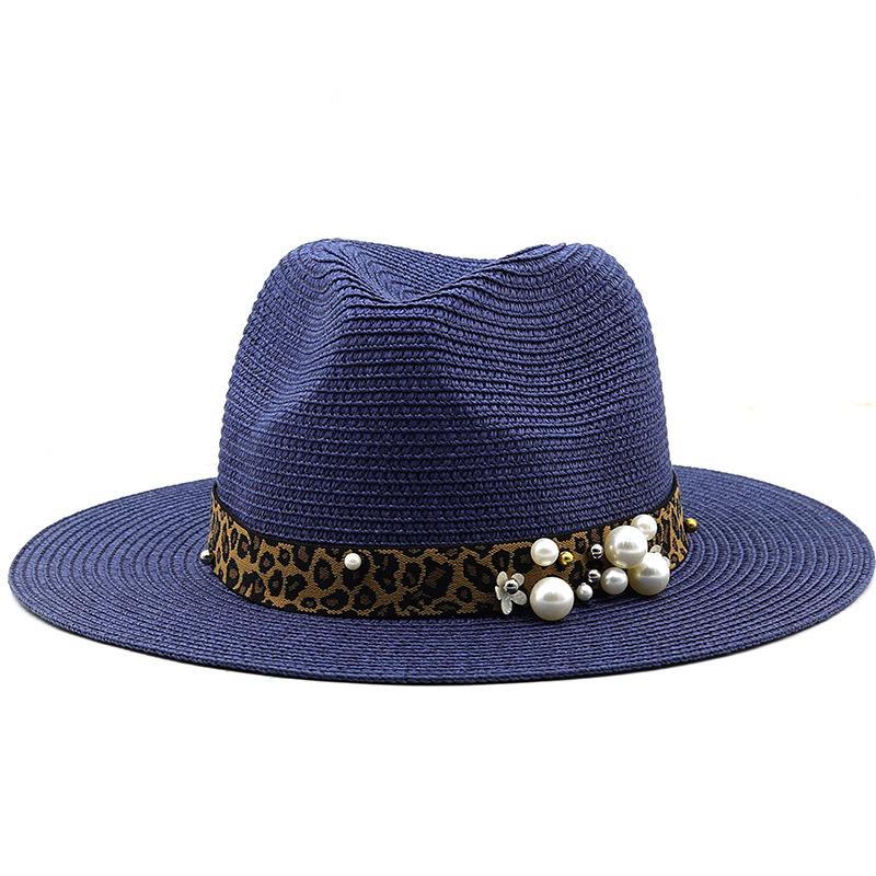 Spring and Summer New Panama Hat Leopard Print Pearl Elastic Belt Accessories Top Hat Version Denim Straw Hat Clear Cool Hat