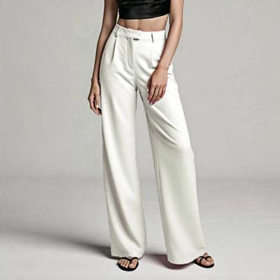 Women Suit Pants High Waist Button Zipper Fly Office Lady Trousers with Pockets Solid Color Straight Wide Leg Dress Pants