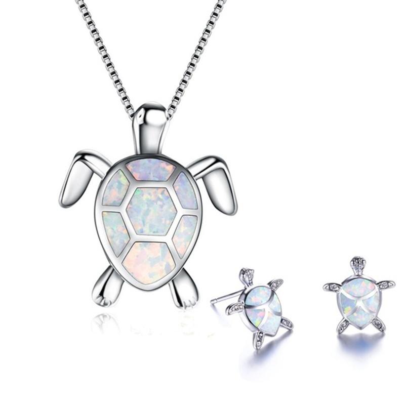 Fashion Cute Sea Turtle Necklace Earrings  Sets Trendy Animal Blue Opal Stud Earrings For Girl Women Wedding Band Gifts