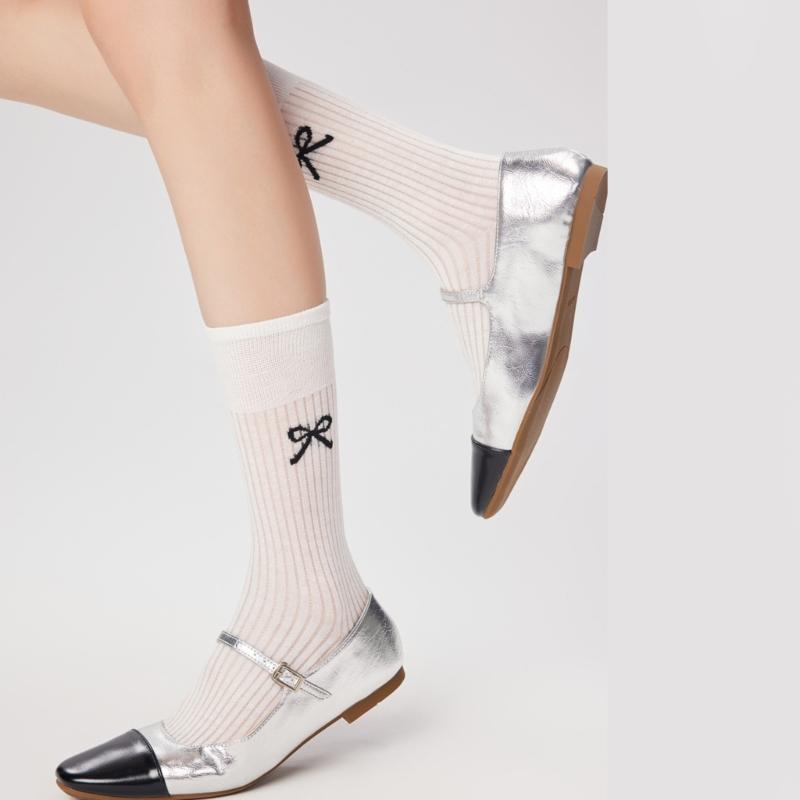 Cute Bowknot Pattern Long Calf Length Socks for Women and Girls Breathable Mesh Ribbed Student Cotton Stockings Hosiery