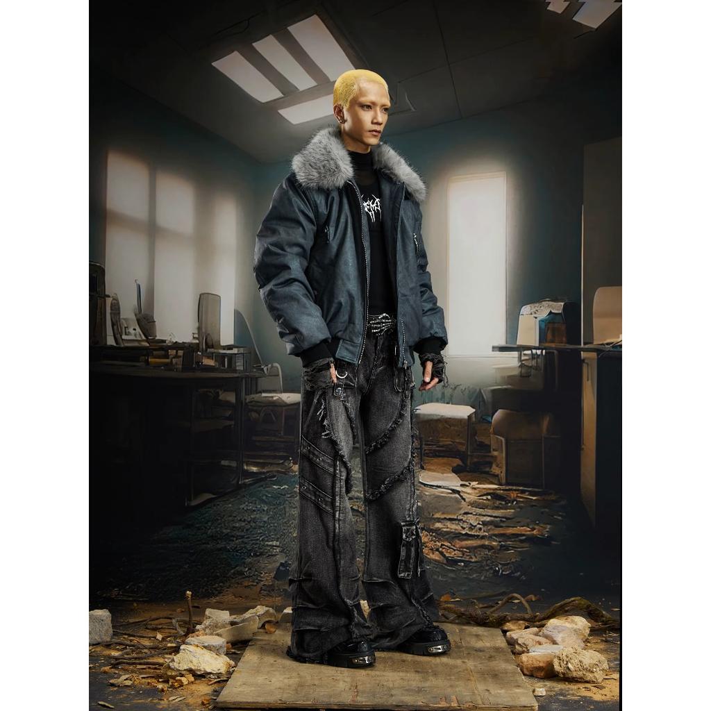BeatStreet Design Oscuros Calle Principal Super Industria Pesada Deconstruidos Bolsillos Múltiples Costuras Pliegues Pinzados Pantalones Vaqueros Bootcut