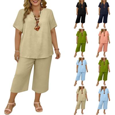 Women's 2-Piece Casual Color V Neck Short Sleeve Top And Wide Leg Pants Set
