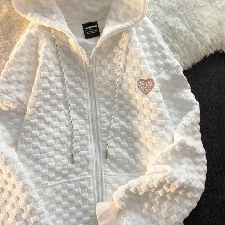 

Женская модная свободная вафельная толстовка с капюшоном, длинный рукав, однотонный кардиган, куртка M белый