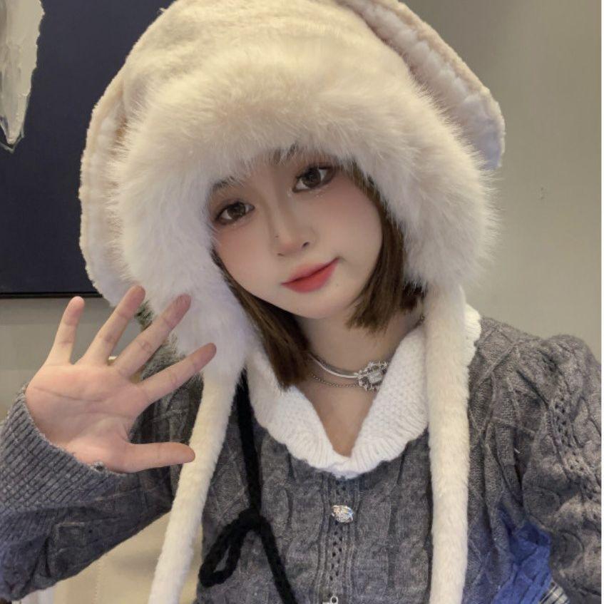Cute Rabbit Ears Plush Hat Women'S Autumn And Winter Outdoor Riding Plush Warm Ear Protection Pullover Hat Shows Small Face