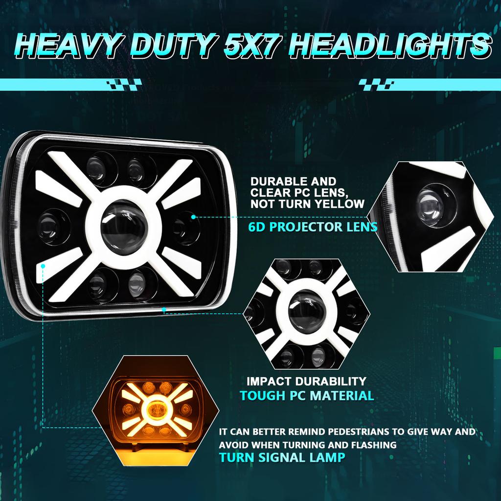 2PCS 7 Inch LED Headlights, 5x7   7x6   Rectangular LED Headlights with High Low Beam DRL Turn Signal Replacement for