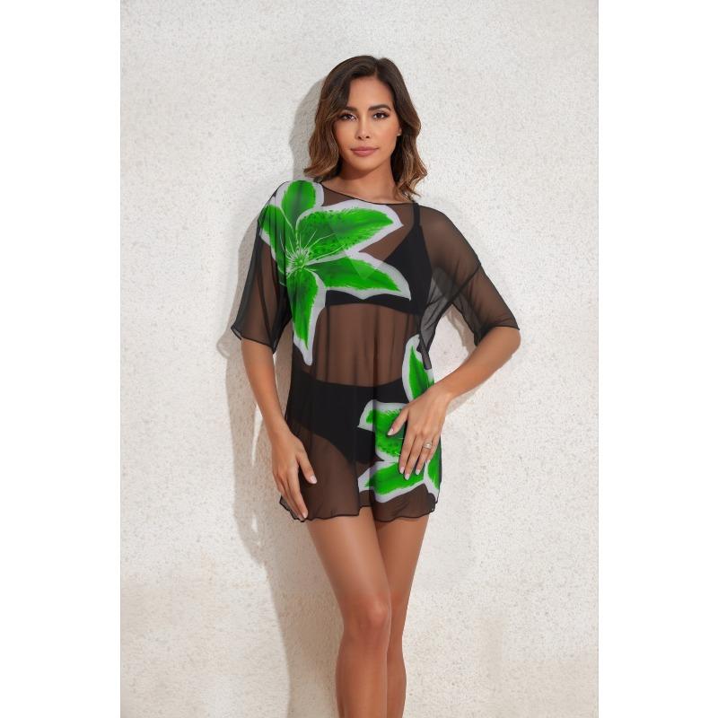 2026 Langqi New Three-piece Beach Sunscreen Suit Set Transparent Mesh Printing Split Swimsuit Women