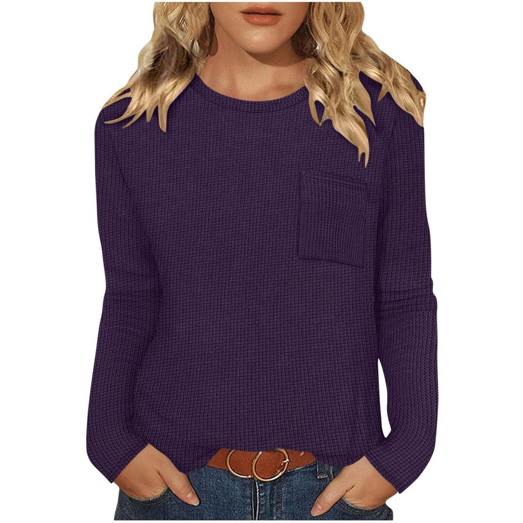 Women's European & American Style Long Sleeve Waffle Knit Top - Loose Fit Casual Pocket T-shirt