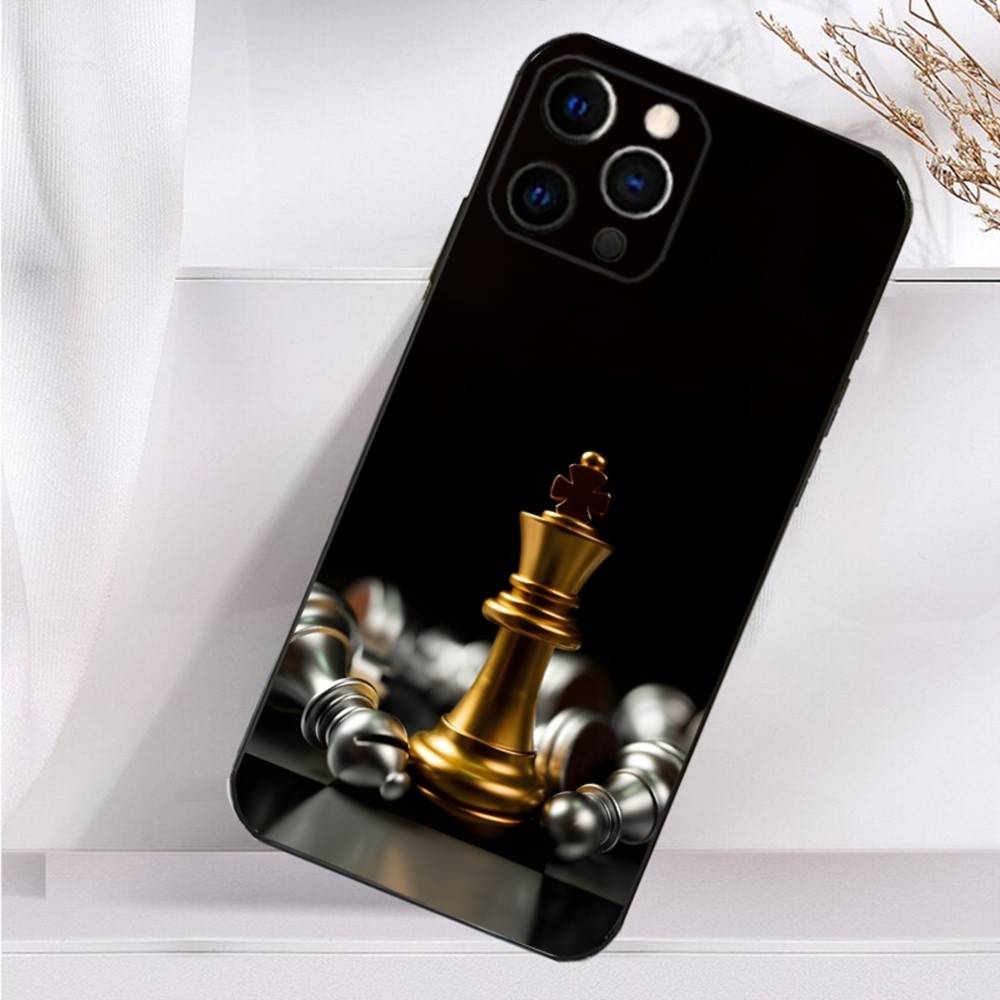 Board Pieces Chess Case For iPhone 16,15,17,14,13,12,11 Plus,Pro Max,XS,X,XR,SE,Mini,8,7 Soft Silicone Black Cover