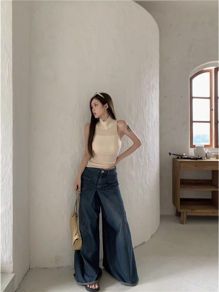 Vară Picant Gât Înalt Fără Mâneci Tricotat Crop Top Cămașă de corp - Articol de îmbrăcăminte exterioară scurtă decupată pentru femei