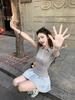 American Vintage Splicing Polo Neck Dress Slim Skinny Short Sleeve Fluffy Short Skirt Women's Spring and Summer