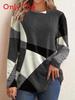 Springwish Geometric Colorblock Long Sleeve Tee For Casual Urban Women