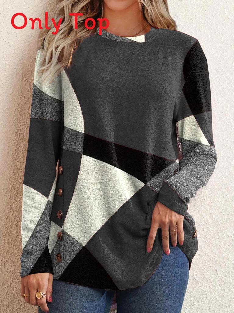 Springwish Geometric Colorblock Long Sleeve Tee For Casual Urban Women