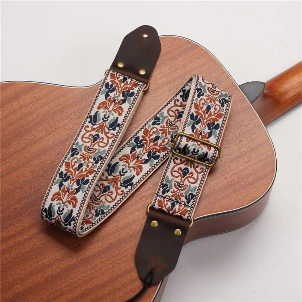 Leather Head Embroidered Guitar Strap Vintage Flowers Electric Guitar Belt  Acoustic Bass