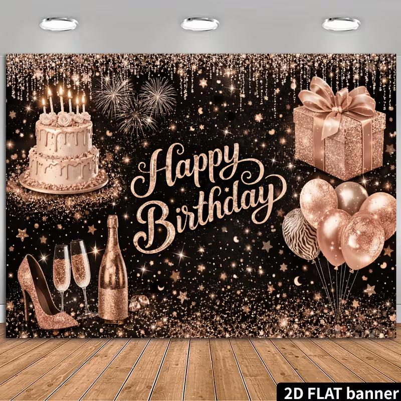 

2D Black Glitter Rose Gold Birthday Party Backdrop, High Heels & Balloon Photo Booth Background 47.2x31.5inch/120*80cm