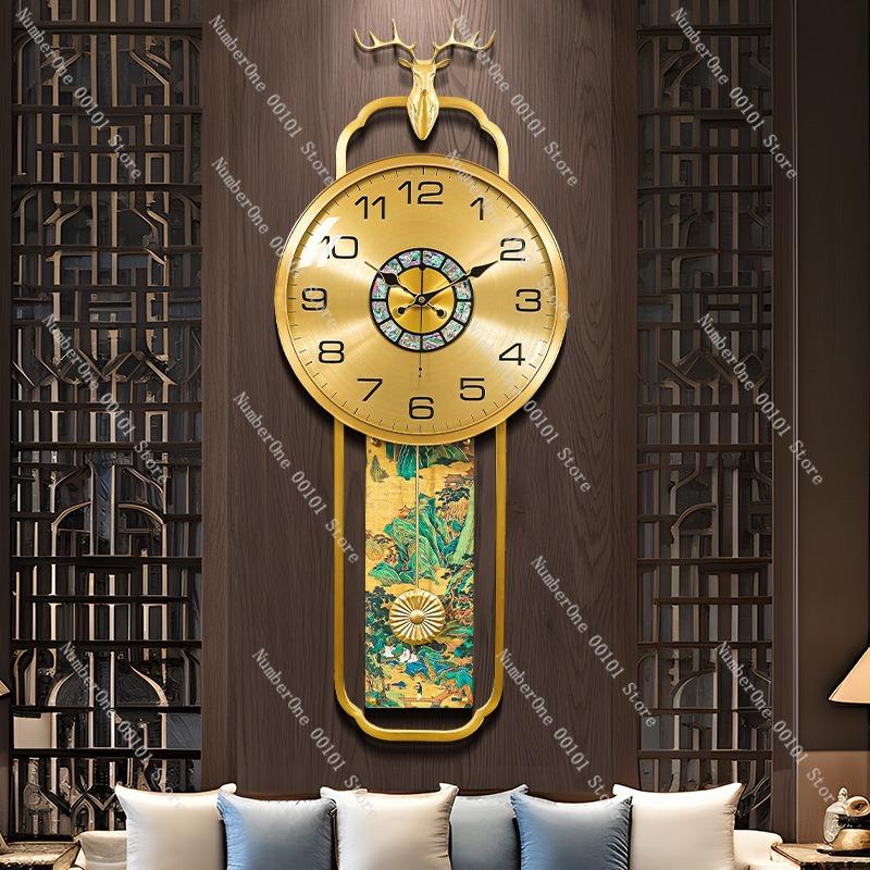 New Chinese-Style Brass Wall Clock,Elegant Living Room Decoration,Creative Jiangshan Chart Wall-Mounted Silent Quartz