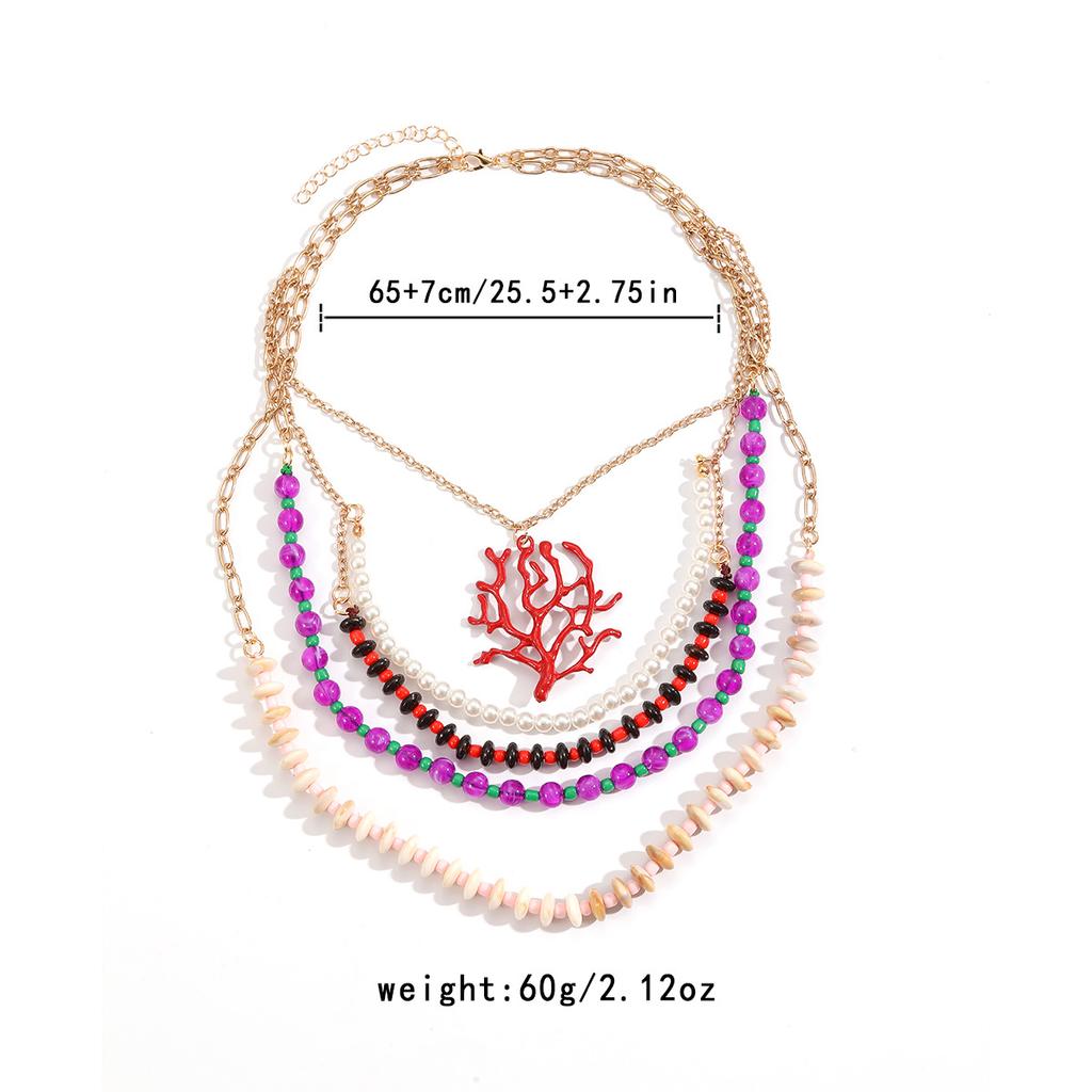 Multi layered resin woven alloy coral pendant necklace, beach ocean vacation style collarbone chain
