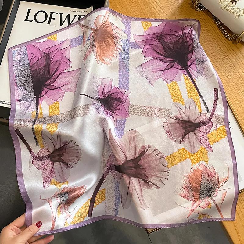100% Real Silk Scarf Women Elegant Floral Print Foulard Neck Hairband Female Small Square Scarves Spring Kerchief Tie 2025 New