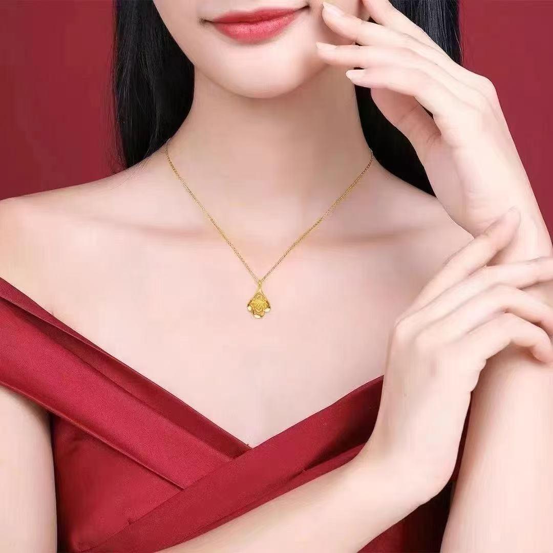 Gold Lotus Water Drop O-Ring Chain Necklace - Stylish and Elegant Flower Jewelry