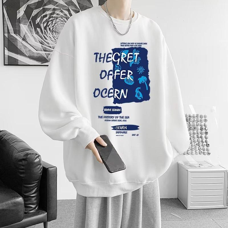 Men's Printed Hoodie Round Neck Hooded Sweatshirt Trendy Brand Casual Hoodies Loose Long Sleeved Pullover Base Shirt