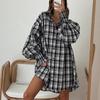 Women Spring Autumn Temperament Large Lapel Collar Plaid Shirt Loose Blouses Long Lantern Sleeve Cardigan S-XL