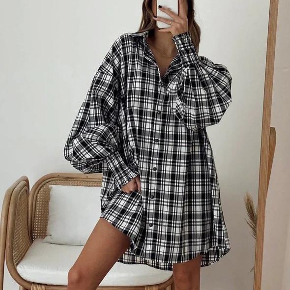 Women Spring Autumn Temperament Large Lapel Collar Plaid Shirt Loose Blouses Long Lantern Sleeve Cardigan S-XL
