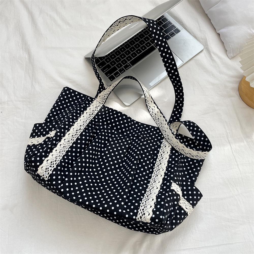 Women's Retro Polka Dot Canvas Tote Bag - Large Capacity, Versatile Single Shoulder for Commuting