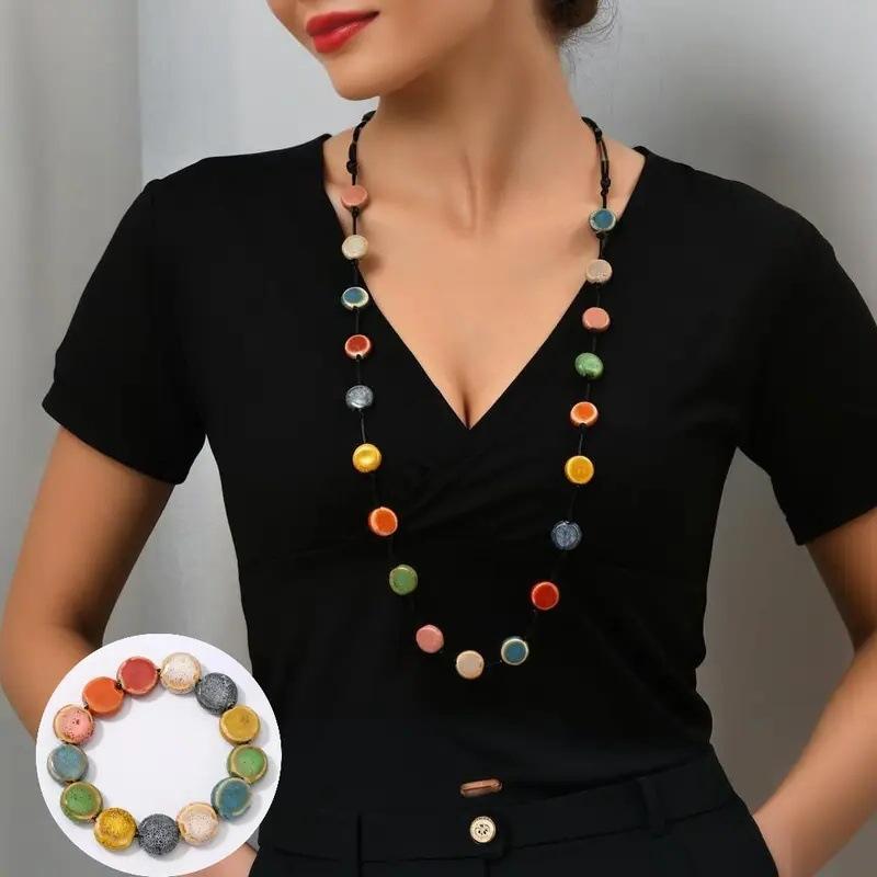 JMXD-European and American retro wax rope necklace colored ceramic round sweater chain long versatile dopamine beaded necklace versatile