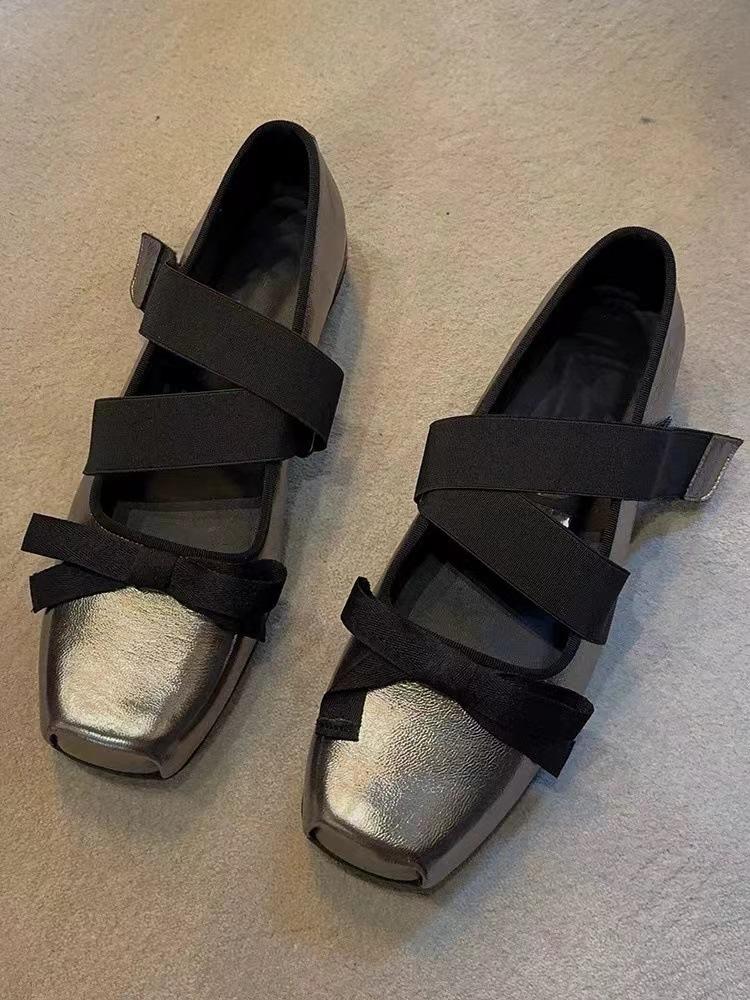 

Sheepskin version~ Ballet style leather bow Mary Jane single shoes women s silver platform small leather shoes ballet shoes ladyshoes 35