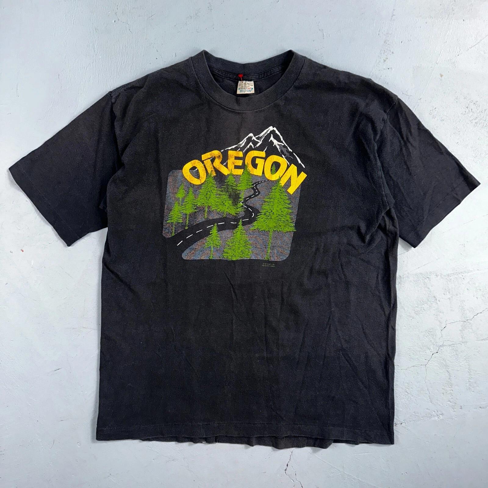 

Oregon Mountains 80s Belton VTG T Shirt USA XL Black Road Map Travel Rare Home 4XL