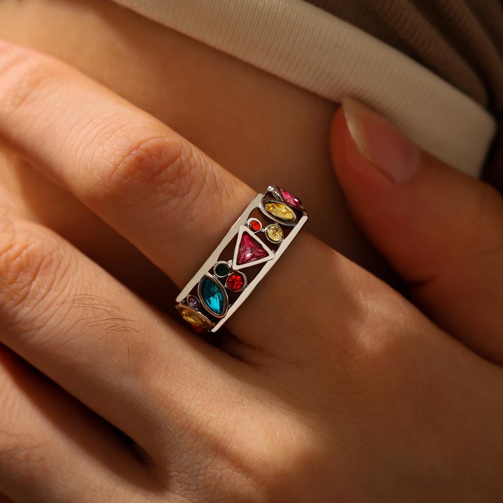 Longrui Fashion Geometric Pattern Hollow Multicolor Ring for Women European and American