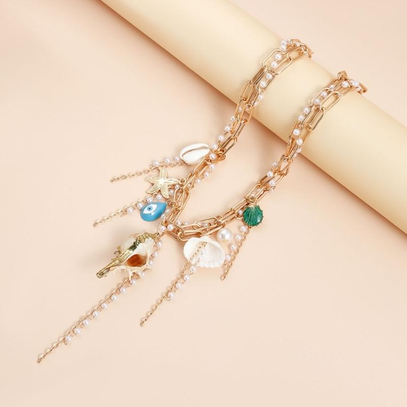 Trendy Ocean Inspired Tassels Shell Pendant Necklace Lightweight Alloy Layering Chain Casual Beach Neck Jewelry