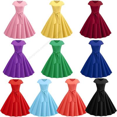 Damen Sommer Vintage Kleid Mit Gürtel Kurze Ärmel V-Ausschnitt Elegant Retro Schwingendes Partykleid