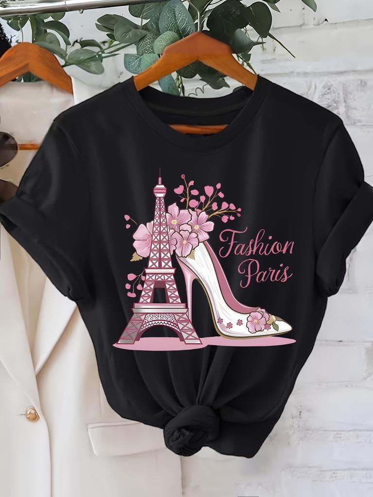 Chic Eiffel Tower  High Heels Graphic Tee for Women  Soft  Short Sleeve Crew Neck Relaxed Fit Casual Summer  Spring