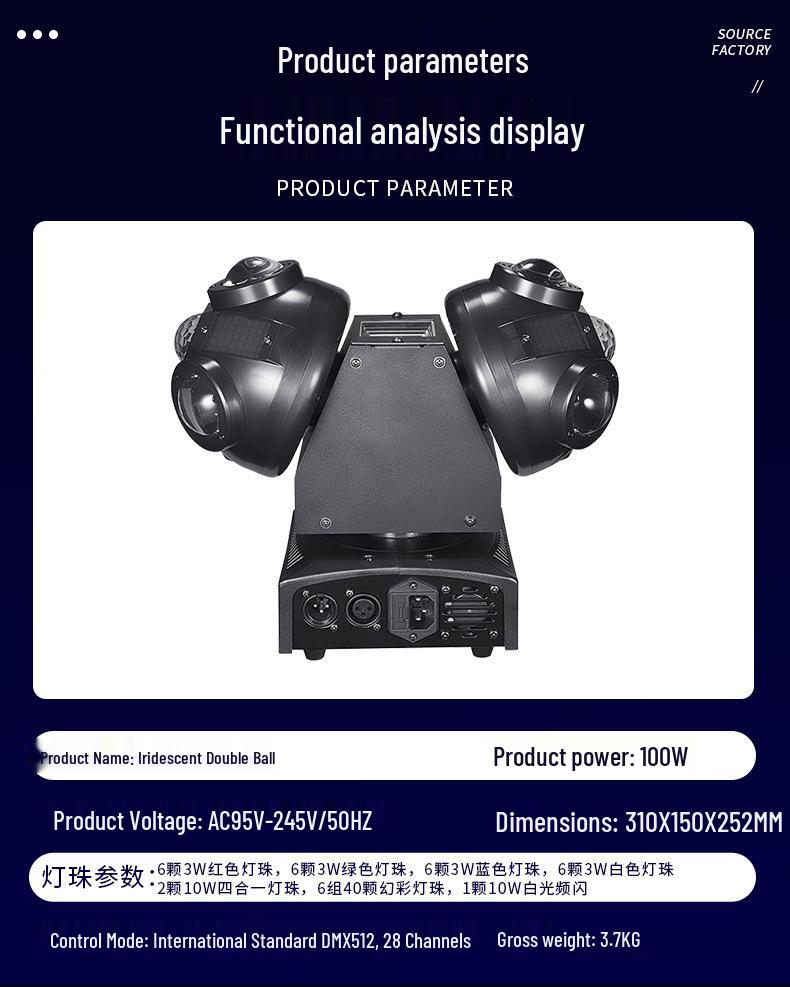 Double Ball LED Phantom Color Moving Head Light Bar with Voice Control & Seven-Color Rotating Strobe for Stage and KTV Atmosphere