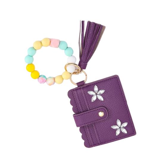 RFID Shielded Card Holder with Rhinestone Flower And Beads Decor Women Wristband Wallet Keychain Faux