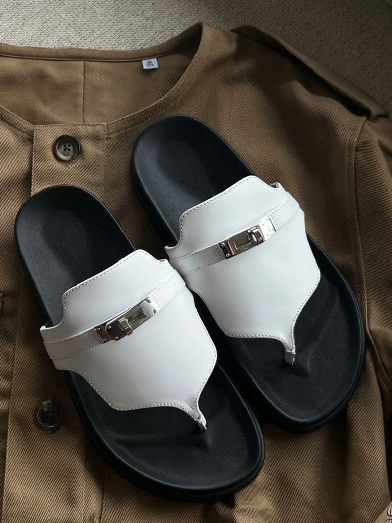 Sheepskin British Small Gold Buckle Leather Thick-soled Flip-flops Women's Summer Outer Wear Pinch Foot Flip-flops Muffin Cool Slippers