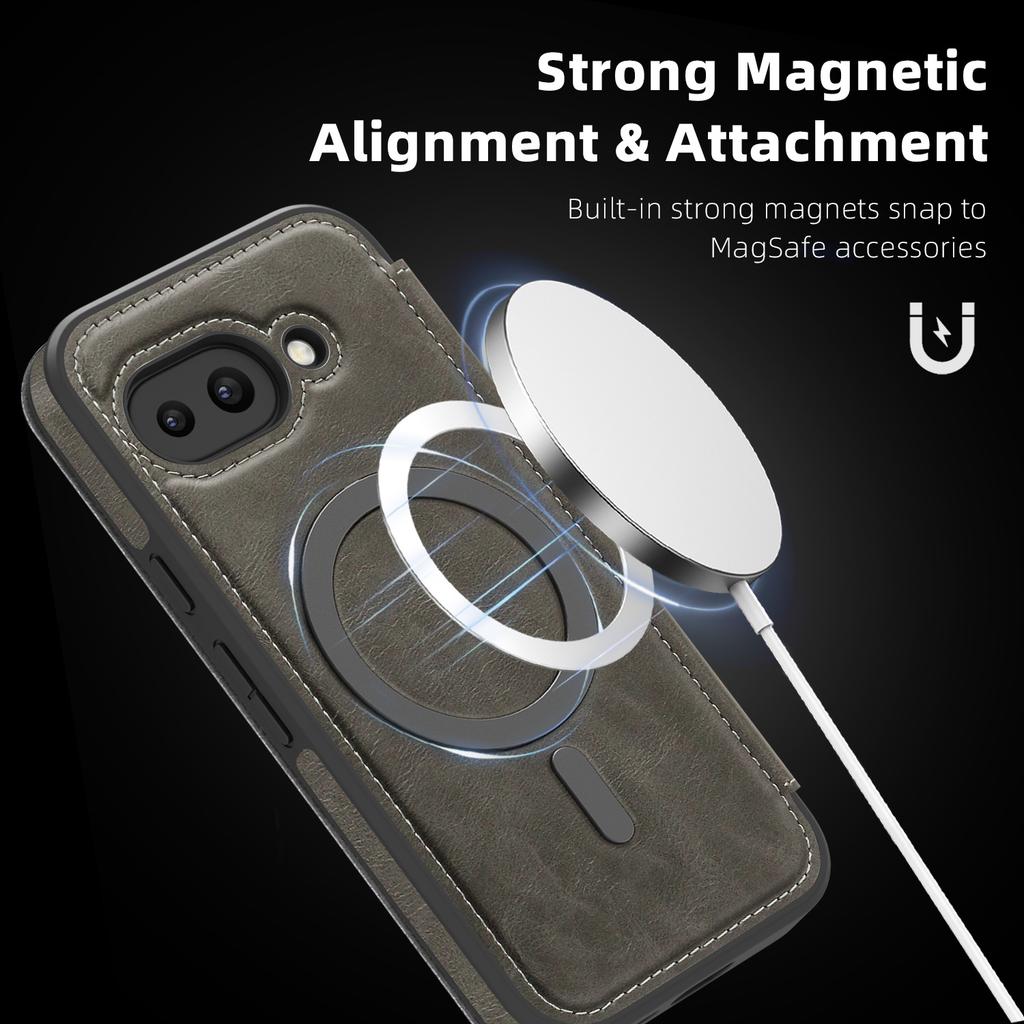 For Google Pixel 9a Case Compatible with MagSafe RFID Blocking Card Holder Leather Phone Cover