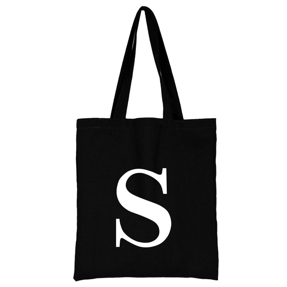 Women's Black Shopping Bag Casual Large-capacity White Letters Initial Name Pattern Printing Series Canvas Shoulder Bag Reusable
