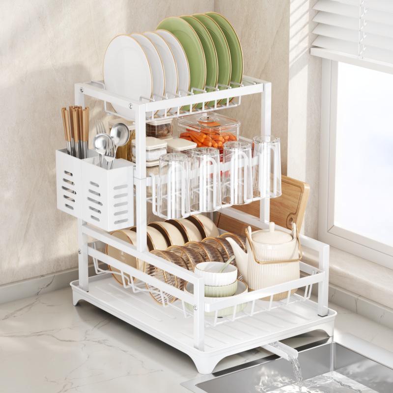 Countertop Kitchen Storage Rack: Holds Bowls, Plates, Chopsticks, Cutting Board & Cups, Includes Drainer, No Installation Required
