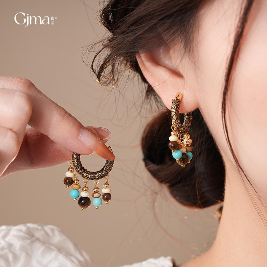 Ethnic style retro stone beaded tiger's eye stone fringed earrings ear buckles personalized earrings women