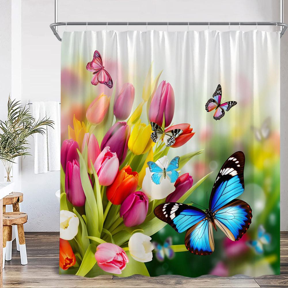Colorful Butterflies Floral Shower Curtain Flowers Plants Blooming Blossom Bathroom Decorations Polyester Bath Curtain With Hook
