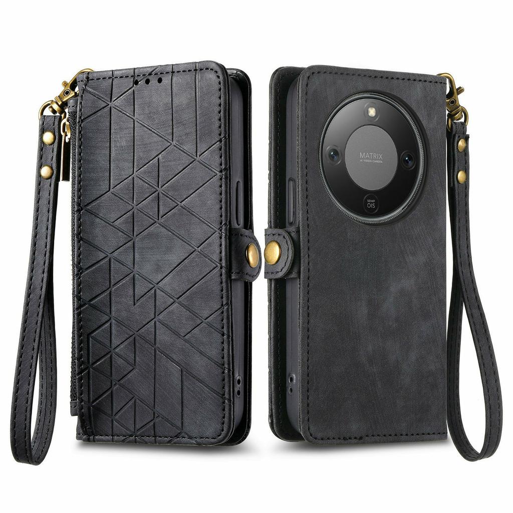 For Honor X70 Pro 5G Case Zipper Wallet Geometry Lines Leather Phone Cover with Strap