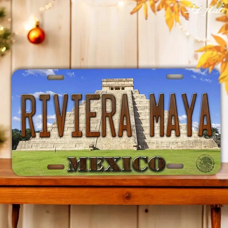 HD Aluminum Print Vintage Riviera Maya Mexico Chichen Itza Pyramid Retro License Plate Style Wall Art High Definition BendRes 15x30cm(5.9x7.8inch)