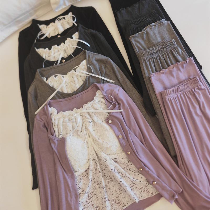 Chunqiu Damen Süßes Spitzen Modal Viskose Pyjama-Set mit Brustpolster - Langarm & Hose