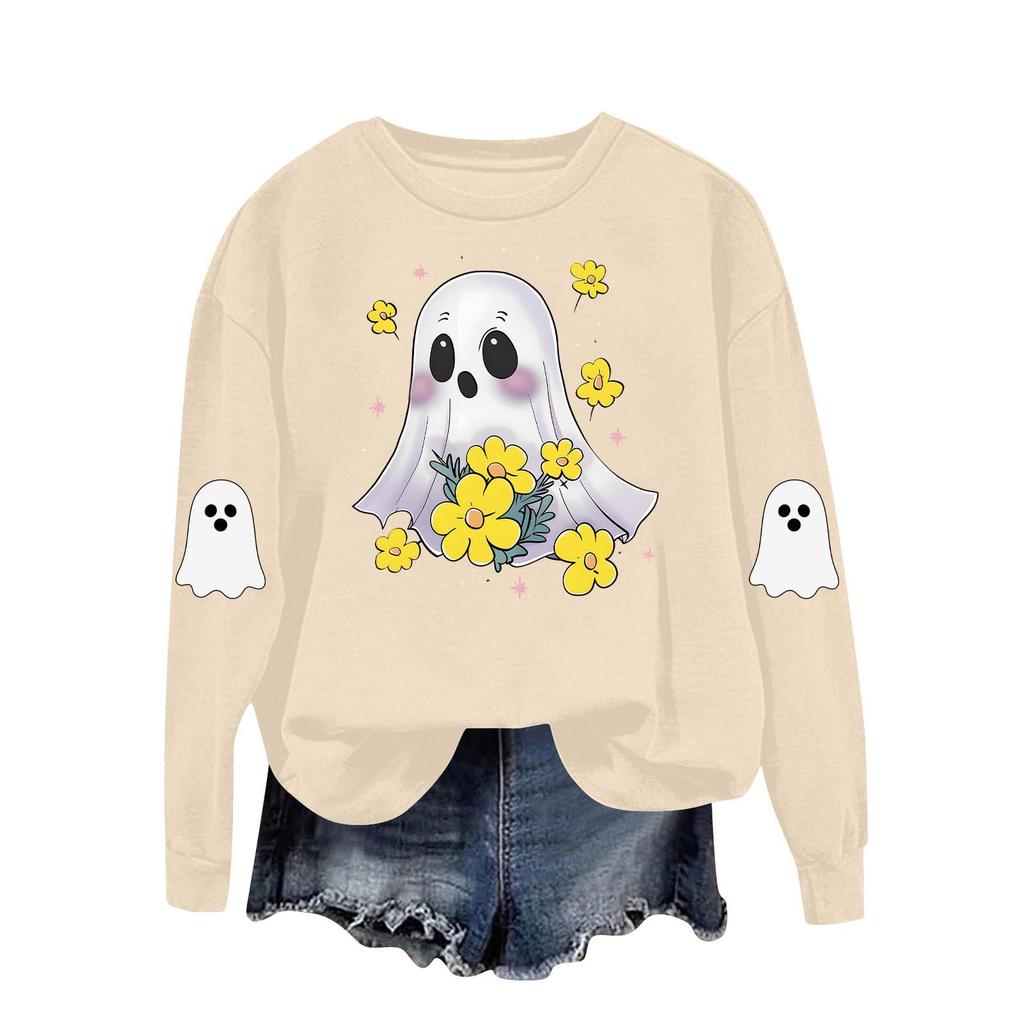 Women's Fashionable Casual Long-sleeved Halloween Printed Round-neck Top