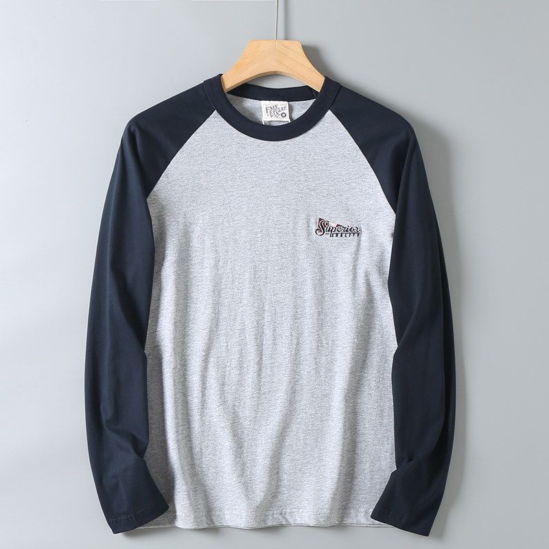 Vintage Patchwork Color-Blocking Pure Cotton T-Shirt for Men, Autumn Season, Letter Embroidery, Casual Base Shirt, Trendy